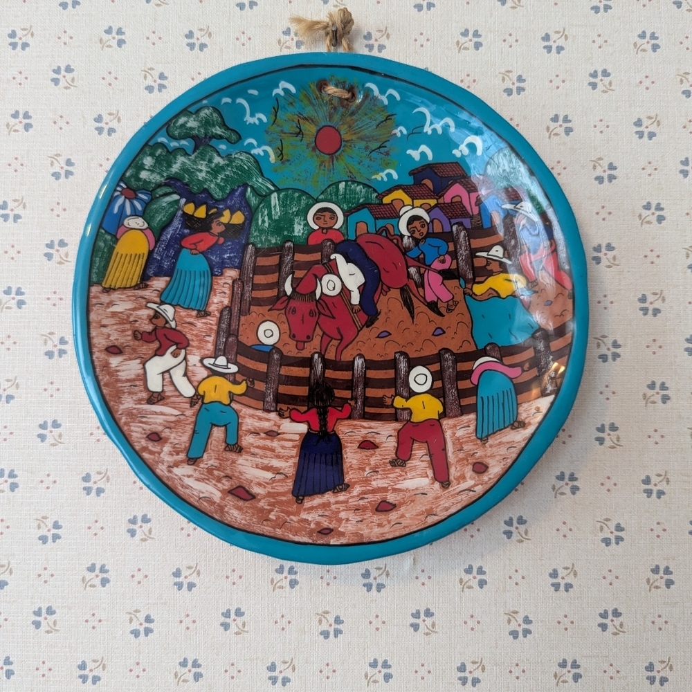 Isadora Colorful Ceramic Folk Art Plate Farm Scene Mexico Rodeo